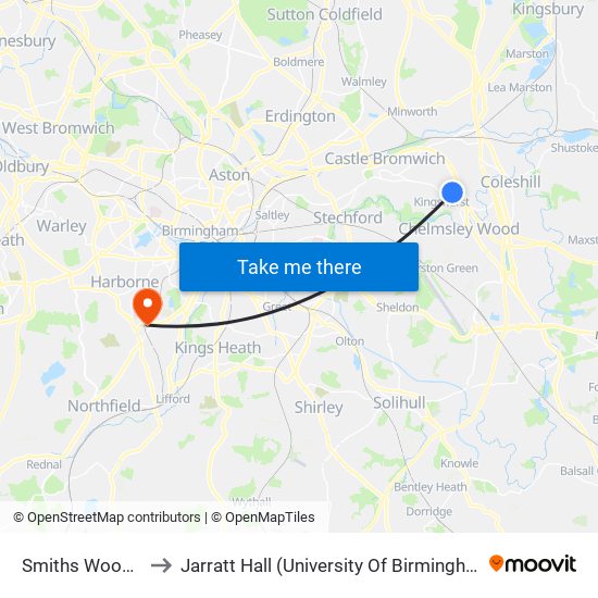 Smiths Wood Academy to Jarratt Hall (University Of Birmingham Halls Of Residence) map