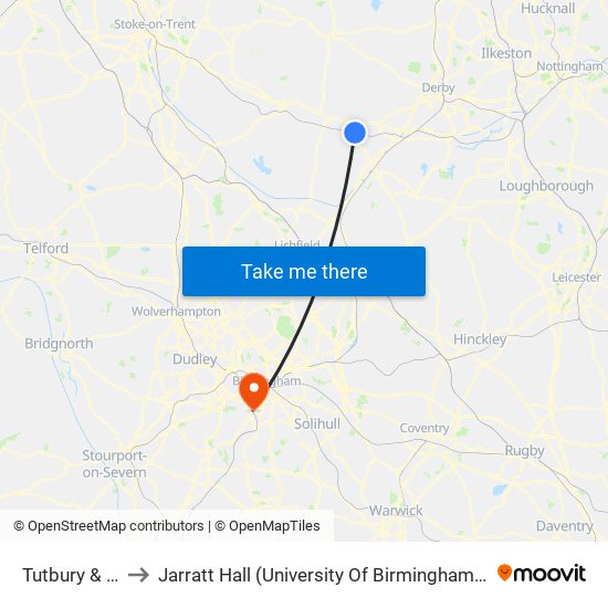 Tutbury & Hatton to Jarratt Hall (University Of Birmingham Halls Of Residence) map