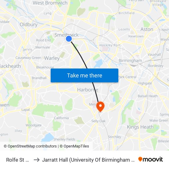 Rolfe St Station to Jarratt Hall (University Of Birmingham Halls Of Residence) map