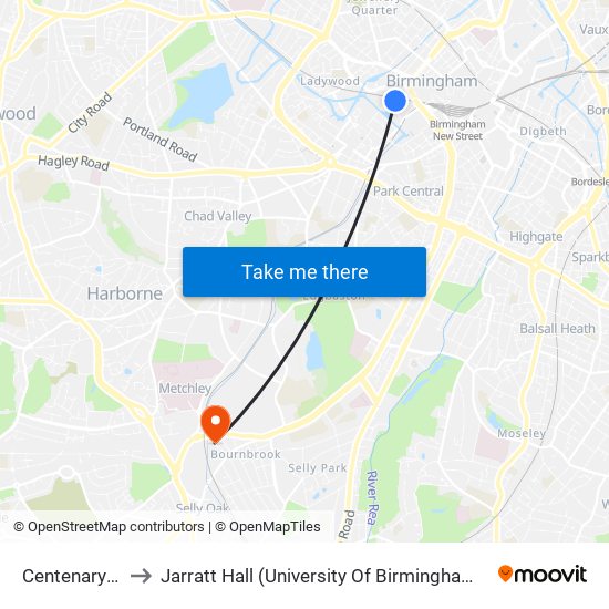 Centenary Square to Jarratt Hall (University Of Birmingham Halls Of Residence) map