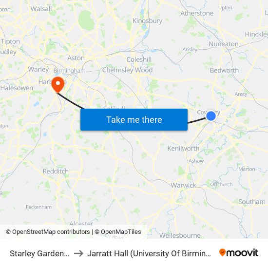 Starley Gardens (Stop Cu3) to Jarratt Hall (University Of Birmingham Halls Of Residence) map