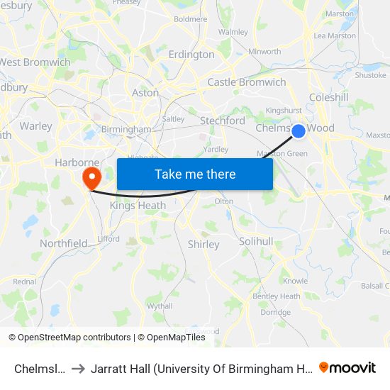 Chelmsley Rd to Jarratt Hall (University Of Birmingham Halls Of Residence) map