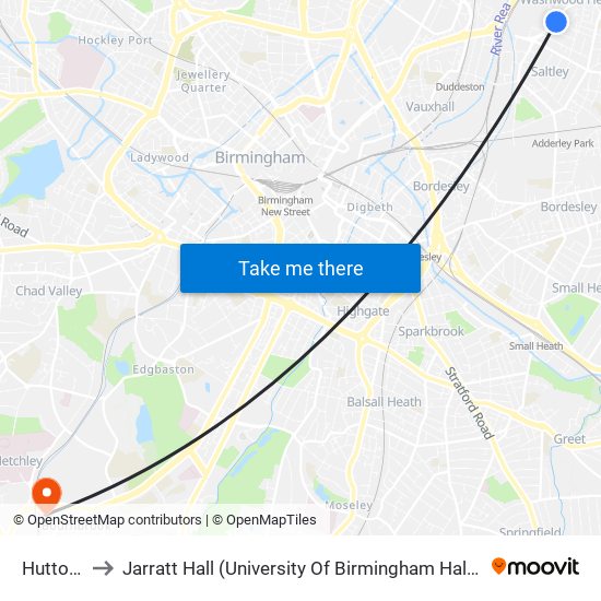 Hutton Rd to Jarratt Hall (University Of Birmingham Halls Of Residence) map