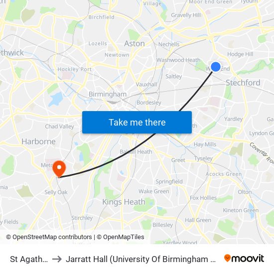 St Agatha's Rd to Jarratt Hall (University Of Birmingham Halls Of Residence) map