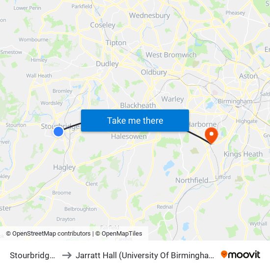 Stourbridge Ring Rd to Jarratt Hall (University Of Birmingham Halls Of Residence) map