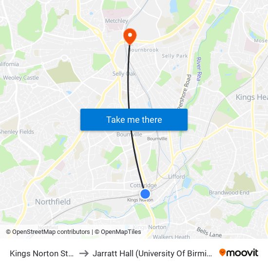 Kings Norton Station (Stop Ca) to Jarratt Hall (University Of Birmingham Halls Of Residence) map