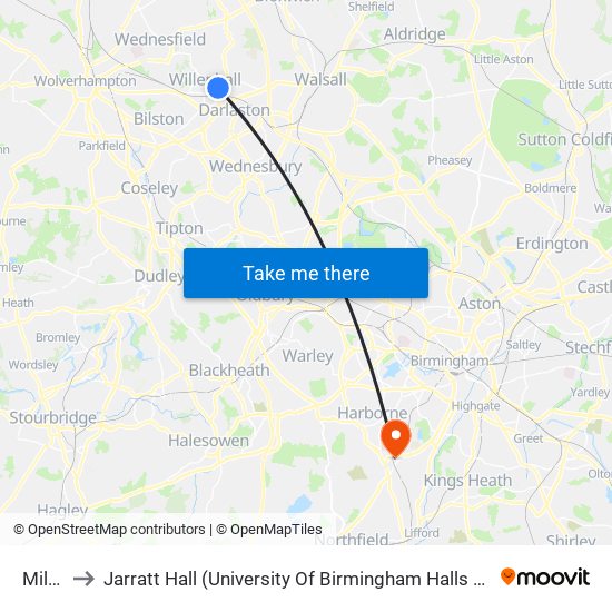 Mill St to Jarratt Hall (University Of Birmingham Halls Of Residence) map