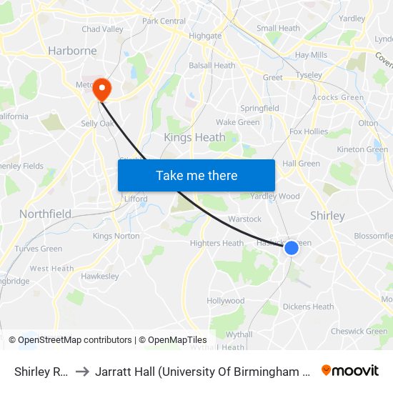 Shirley Rail Stn to Jarratt Hall (University Of Birmingham Halls Of Residence) map