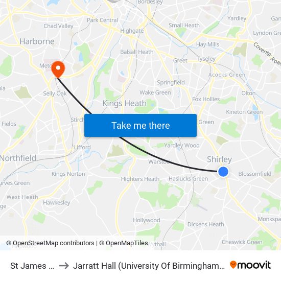 St James Church to Jarratt Hall (University Of Birmingham Halls Of Residence) map