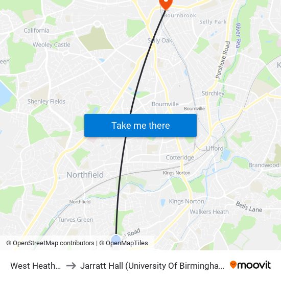 West Heath Hospital to Jarratt Hall (University Of Birmingham Halls Of Residence) map