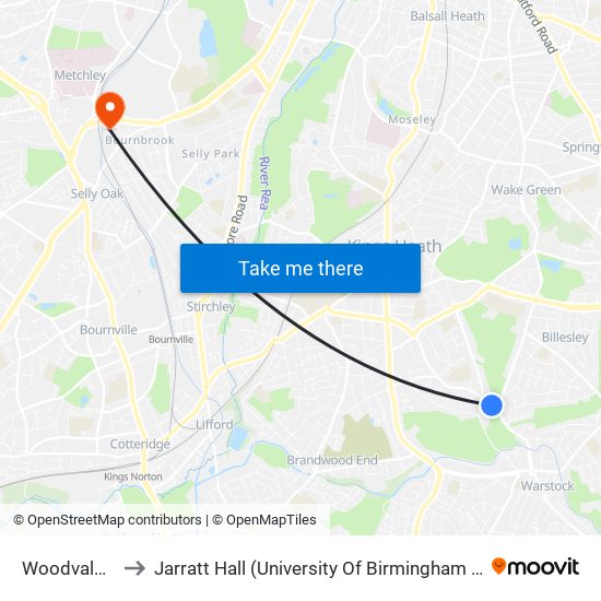 Woodvale Mews to Jarratt Hall (University Of Birmingham Halls Of Residence) map