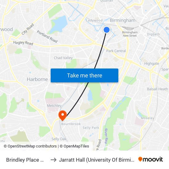 Brindley Place Metro (Stop Br5) to Jarratt Hall (University Of Birmingham Halls Of Residence) map