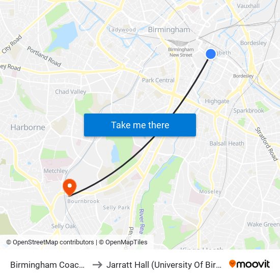 Birmingham Coach Station (Stop Ds5) to Jarratt Hall (University Of Birmingham Halls Of Residence) map