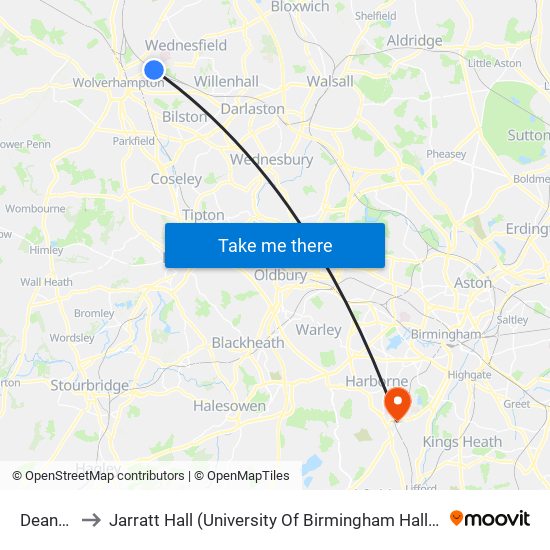 Deans Rd to Jarratt Hall (University Of Birmingham Halls Of Residence) map