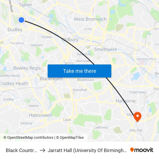 Black Country Museum to Jarratt Hall (University Of Birmingham Halls Of Residence) map