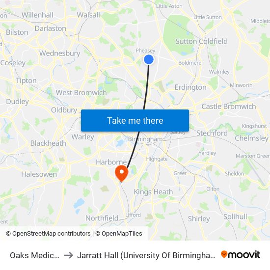 Oaks Medical Centre to Jarratt Hall (University Of Birmingham Halls Of Residence) map