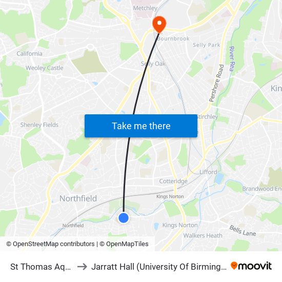 St Thomas Aquinas School to Jarratt Hall (University Of Birmingham Halls Of Residence) map