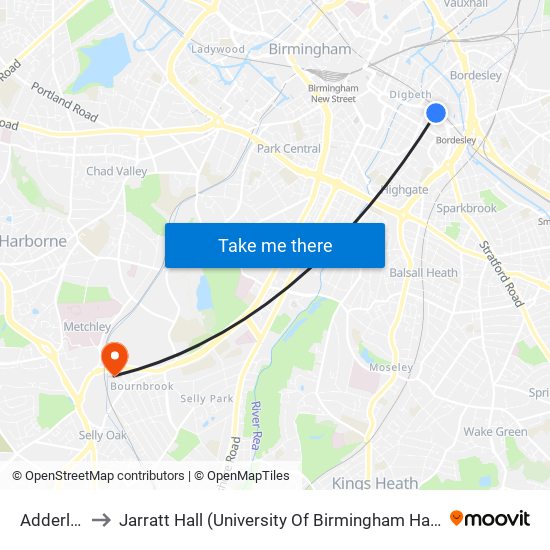 Adderley St to Jarratt Hall (University Of Birmingham Halls Of Residence) map