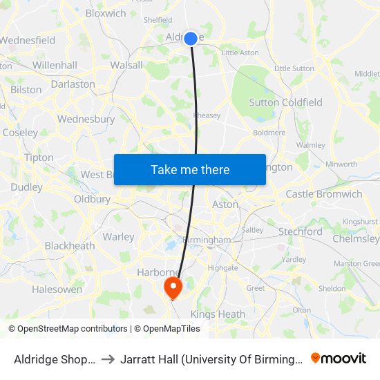 Aldridge Shopping Centre to Jarratt Hall (University Of Birmingham Halls Of Residence) map