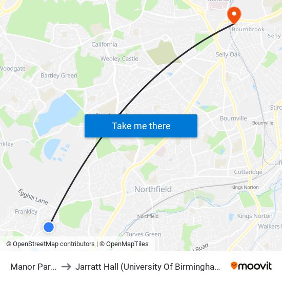 Manor Park Grove to Jarratt Hall (University Of Birmingham Halls Of Residence) map