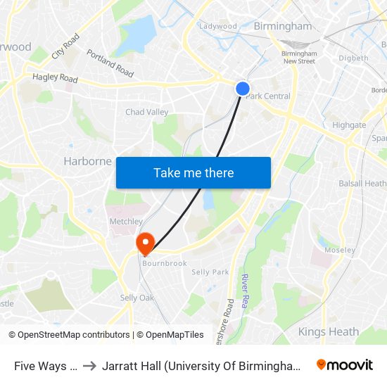 Five Ways Station to Jarratt Hall (University Of Birmingham Halls Of Residence) map