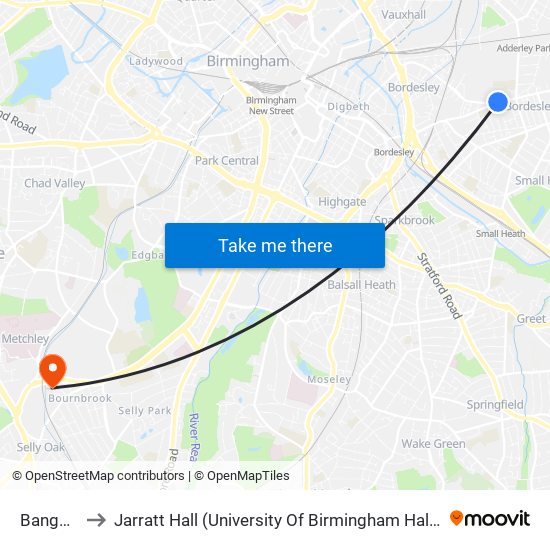 Bangor Rd to Jarratt Hall (University Of Birmingham Halls Of Residence) map