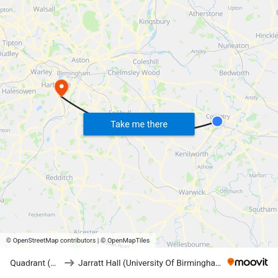 Quadrant to Jarratt Hall (University Of Birmingham Halls Of Residence) map