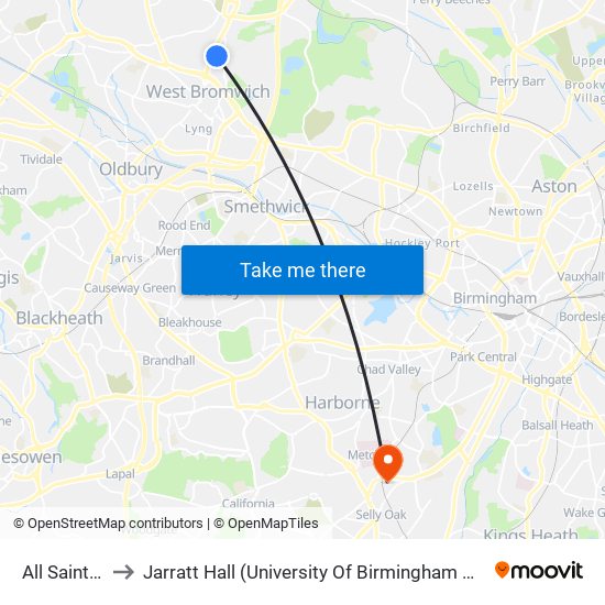 All Saints Way to Jarratt Hall (University Of Birmingham Halls Of Residence) map