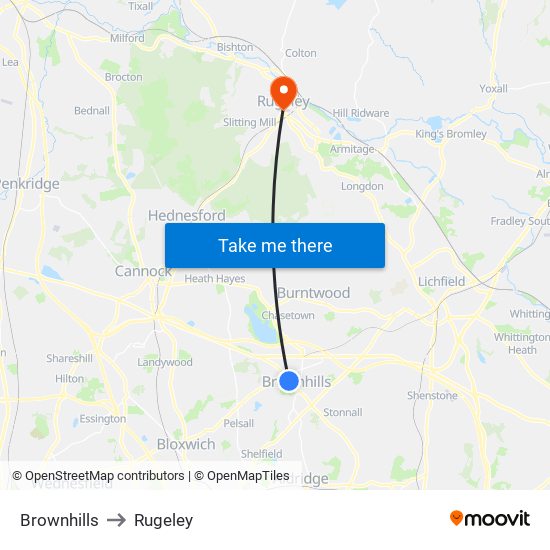 Brownhills to Rugeley map