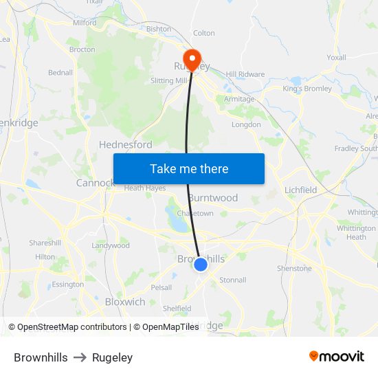 Brownhills to Rugeley map