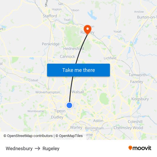 Wednesbury to Rugeley map