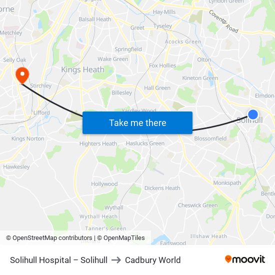 Solihull Hospital – Solihull to Cadbury World map