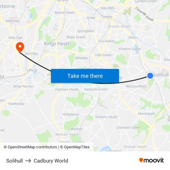 Solihull to Cadbury World map