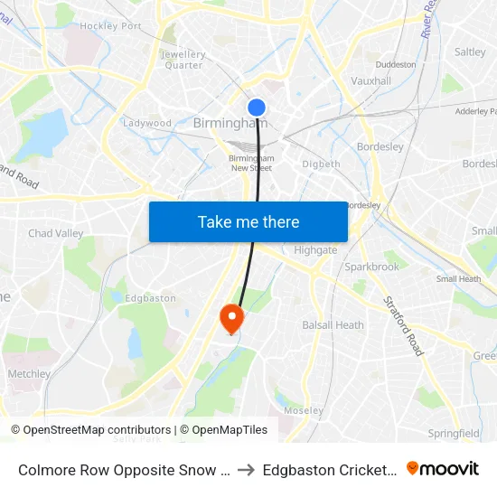 Colmore Row Opposite Snow Hill Station to Edgbaston Cricket Ground map