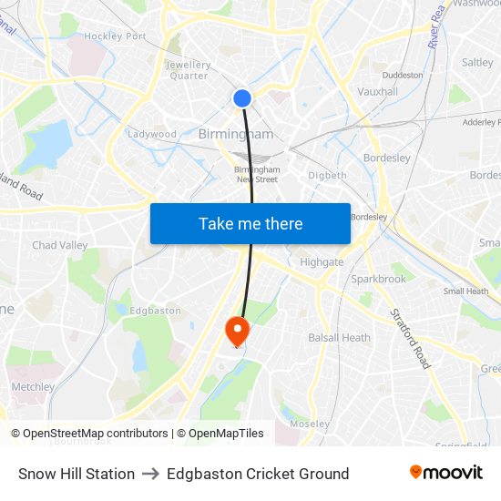 Snow Hill Station to Edgbaston Cricket Ground map