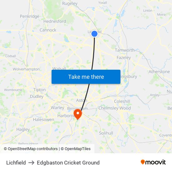 Lichfield to Edgbaston Cricket Ground map