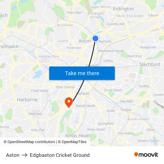 Aston to Edgbaston Cricket Ground map