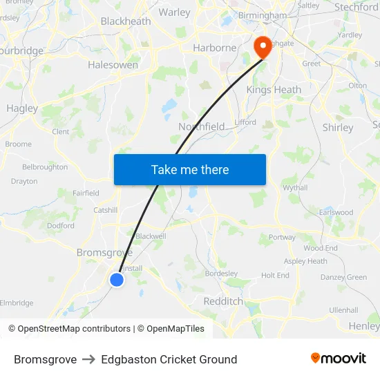 Bromsgrove to Edgbaston Cricket Ground map