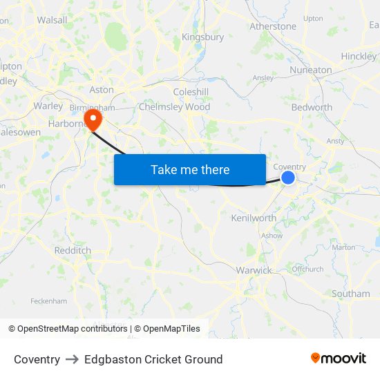 Coventry to Edgbaston Cricket Ground map