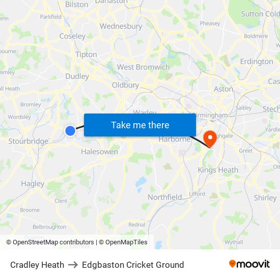 Cradley Heath to Edgbaston Cricket Ground map