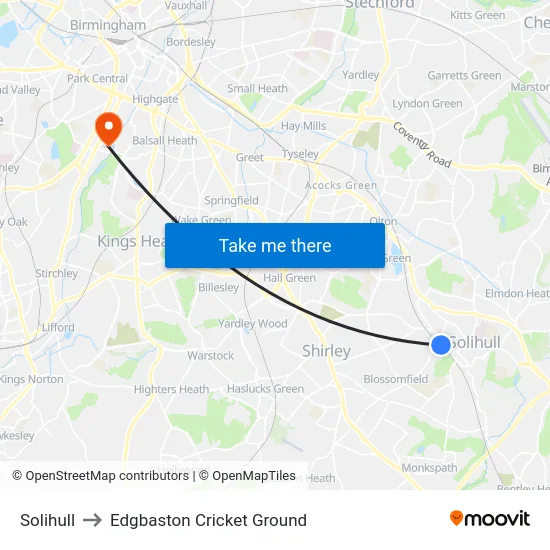 Solihull to Edgbaston Cricket Ground map