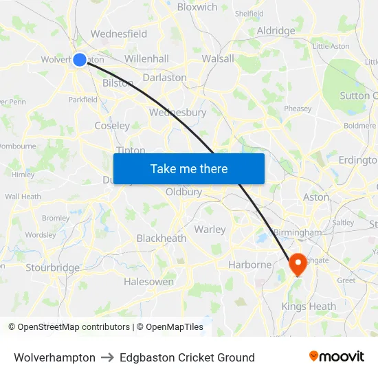 Wolverhampton to Edgbaston Cricket Ground map