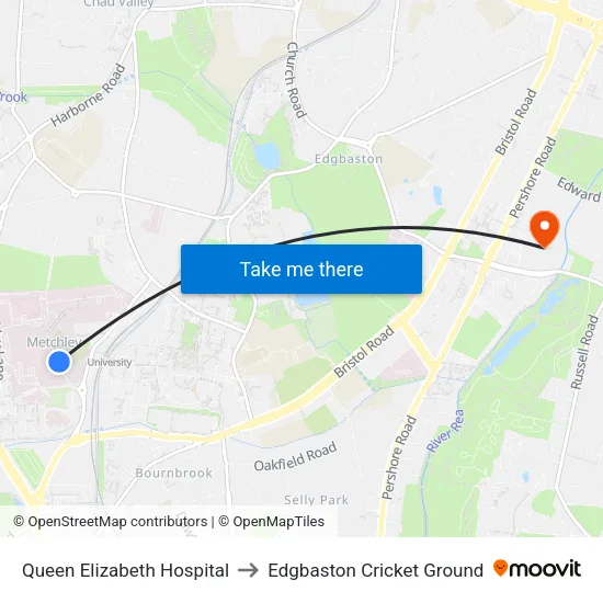 Queen Elizabeth Hospital to Edgbaston Cricket Ground map