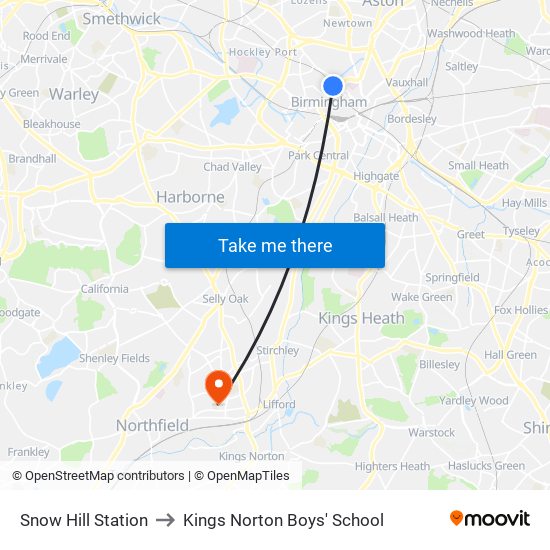 Snow Hill Station to Kings Norton Boys' School map