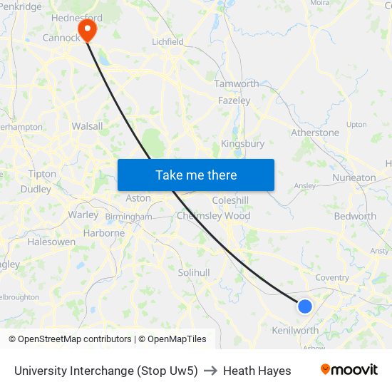 University Interchange (Stop Uw5) to Heath Hayes map