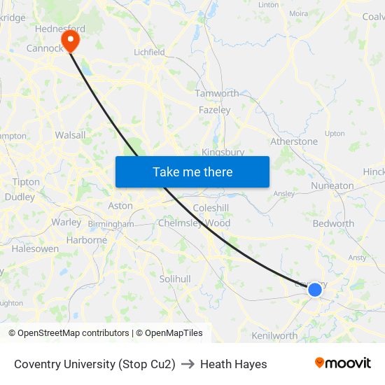 Coventry University (Stop Cu2) to Heath Hayes map