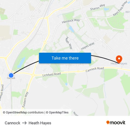 Cannock to Heath Hayes map