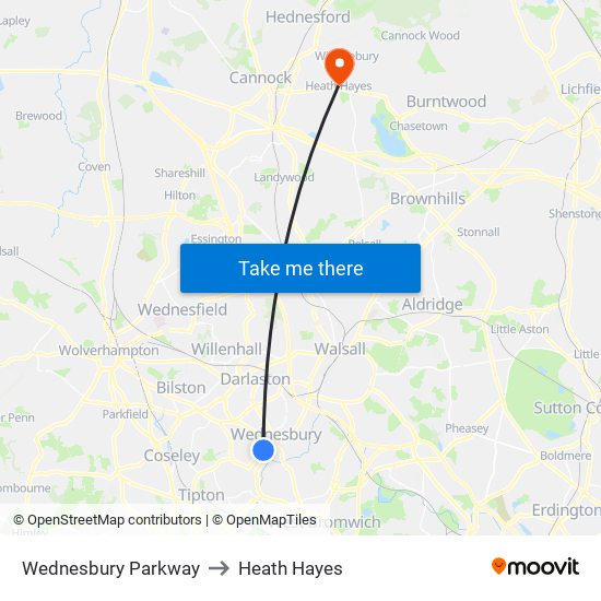 Wednesbury Parkway to Heath Hayes map