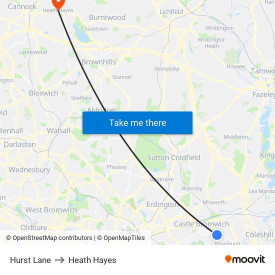 Hurst Lane to Heath Hayes map