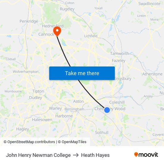 John Henry Newman College to Heath Hayes map